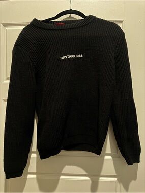 Black Crewneck Sweater with Subtle Sputnik 1985 Embroidery
